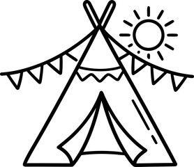 Boho tipi tent with sun and bunting flags, simple outline illustration for children's party or summer camp © bahlil