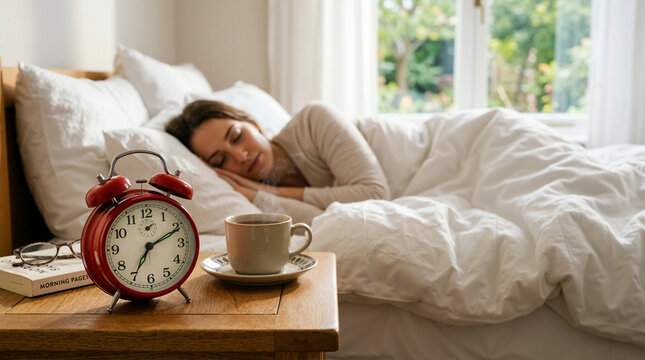 Red retro alarm clock and hot coffee on a wooden bedside table. Sleeping woman in a bright bedroom in the background