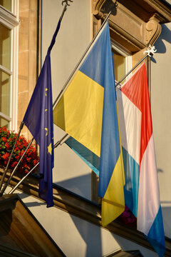 Flags of the European Union, Ukraine, and Luxembourg in Warm Morning Light