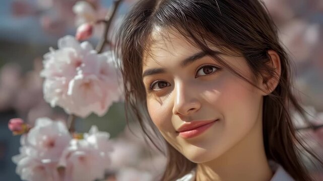 Young Woman Portrait with Soft Smile, Cherry Blossom and Spring Flower Portrait