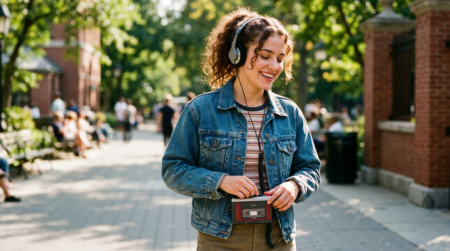 Young woman listening to music on a vintage portable cassette player. Smiling female in denim jacket walking outdoors with headphones