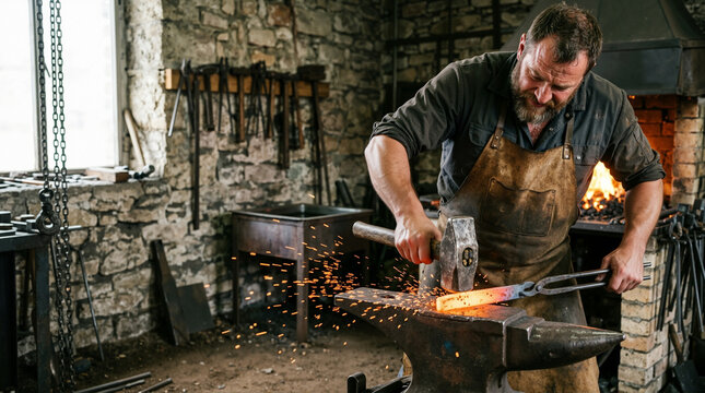 Blacksmith forging red hot metal with a hammer on an anvil. Artisan craftsman working in a traditional stone workshop with sparks flying