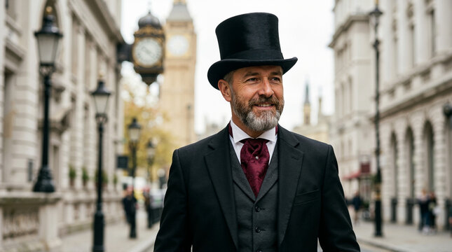 Mature gentleman wearing a black silk top hat and formal coat. Victorian style man on a London street with Big Ben background