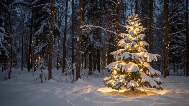 Winter forest, snow tree, glowing light, snowy pine night scene
