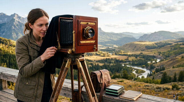 Female photographer using vintage large format plate camera on wooden tripod. Woman taking landscape photos of mountain valley and river. Antique photography equipment concept