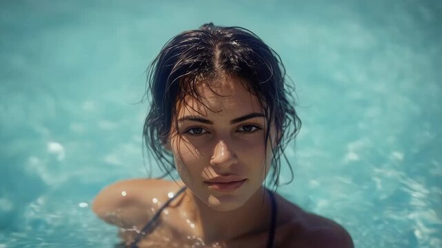 Portrait woman in pool with wet hair turquoise water natural light swimsuit