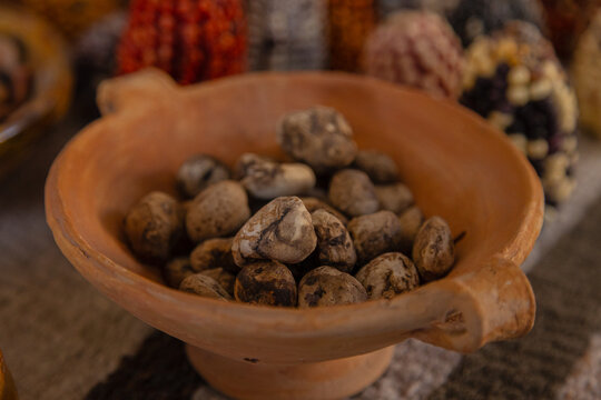 Traditional Andean ingredients from Arequipa, Peru, including potatoes, corn and beans