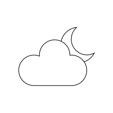Simple black line art showing a crescent moon partially hidden by a cloud on a plain white background. Ideal for night-time weather forecasts or sleep-tracking mobile applications.