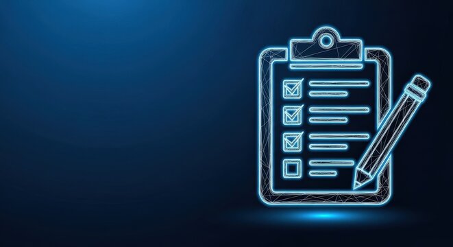 Glowing Neon Checklist Icon on Dark Digital Background