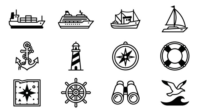 Sea navigation and ocean travel line icons.