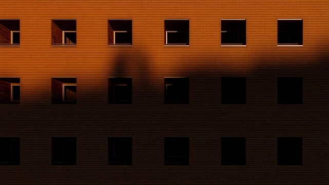Orange Facade with Square Window Row, Modern Brick Wall Pattern and Geometric Window Opening