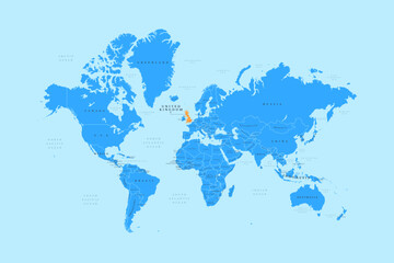 Fototapeta premium World Map with UK United Kingdom highlighted, London capital city pointed, with country border and name vector Illustration 