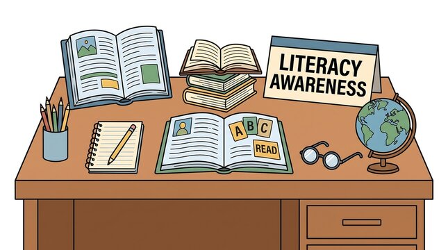 Study desk with open books, globe, laptop, and literacy awareness slogan