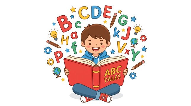 Child reading a large red book surrounded by floating alphabet letters