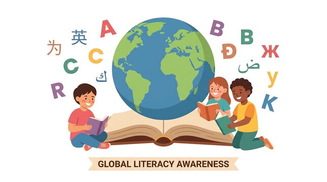 Global literacy awareness banner with children holding hands around globe on book