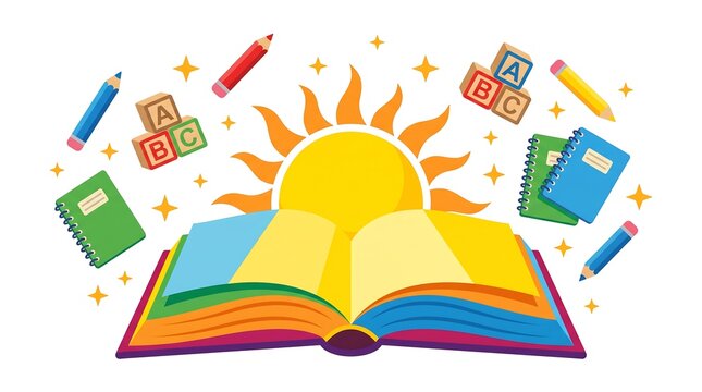 Sun rising behind an open book surrounded by colorful letters for literacy day