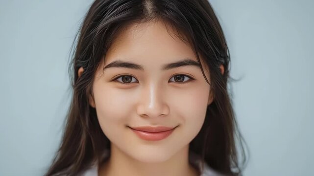 Portrait young Asian woman face smile soft light neutral expression close up portrait