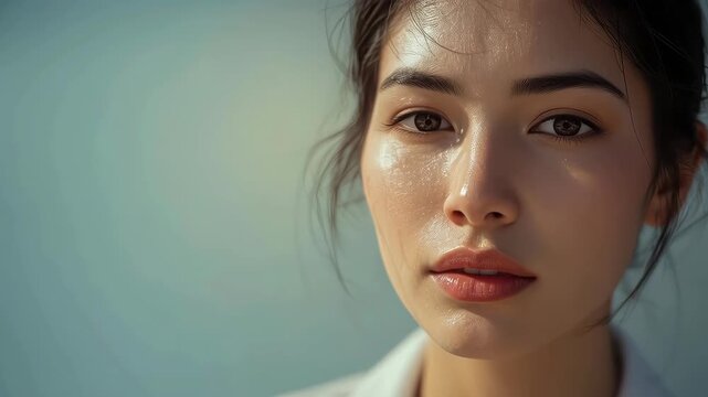 Calm portrait of young woman with closed eye, soft light, skin care face
