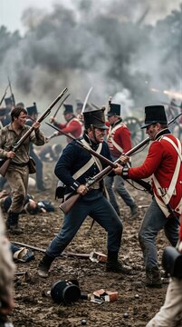 Soldier in blue uniform fighting man in red uniform on battlefield. Napoleonic war reenactment with muskets. Infantry conflict during historical combat and nineteenth century assault.