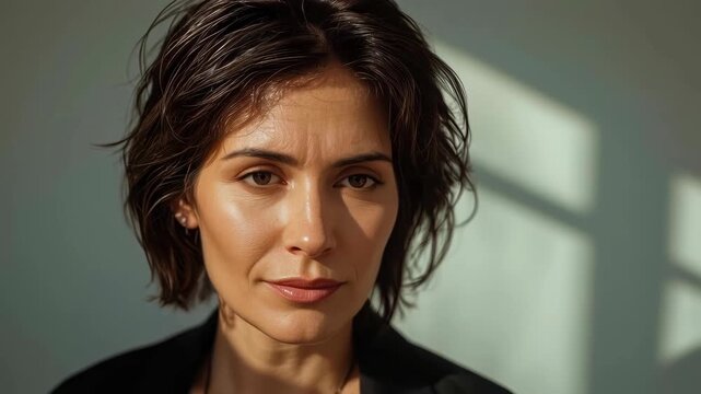 Female portrait, short dark hair, natural light, serious expression, indoor scene