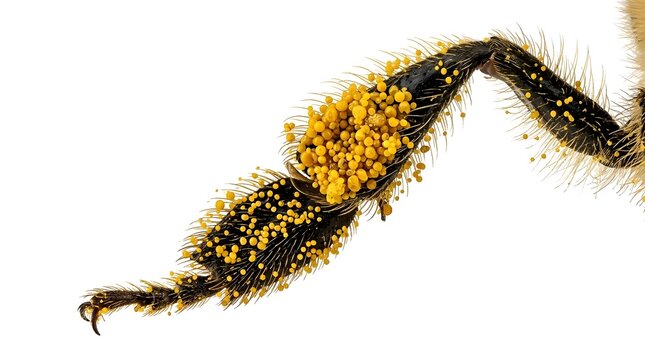Extreme macro of honeybee leg with yellow pollen basket isolated on white background