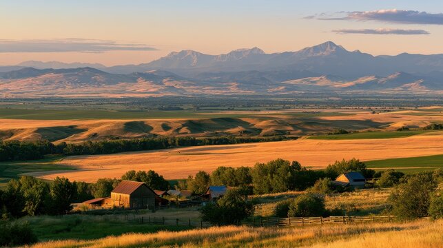 Patchwork farmland at sunset in the Gallatin Valley, Montana with distant mountain peaks