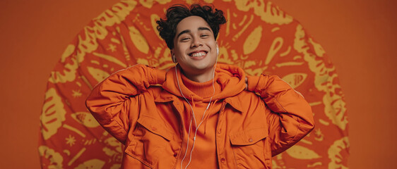 Fototapeta premium A joyful young man in orange winter wear enjoys music with headphones, set against a vibrant patterned background.