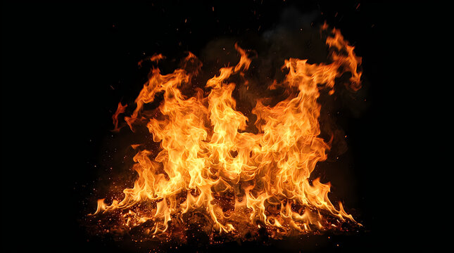 Fireball exploding in air. Intense orange fire blast. Flamethrower jet flame effect. Burning flame isolated on black background. PNG