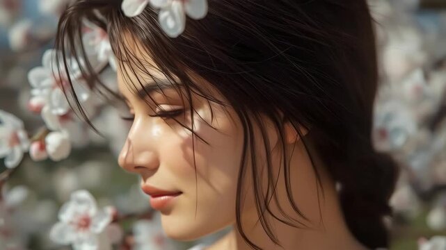 Soft serene woman portrait with floral shadow, closeup face, tranquil expression