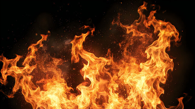 Intense fire flames on isolated black background. Burning blaze with sparks, heat energy and hot texture. Elemental concept illustration. PNG