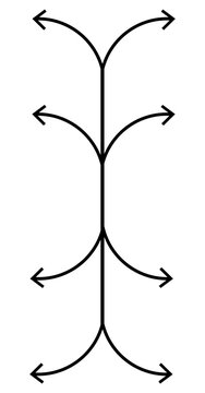 Black outline flow chart arrows diverging in different directions on white background