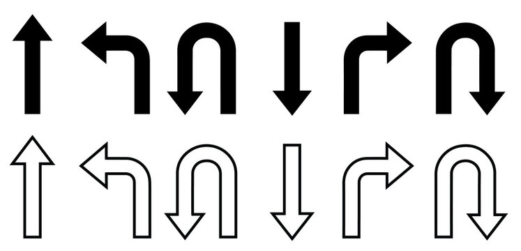 Set of black and white directional arrow icons and navigation symbols for user interfaces