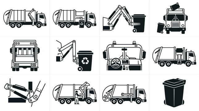 Waste management and garbage truck icon set.