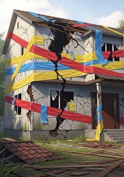 Large cracks on house covered with colorful tape.