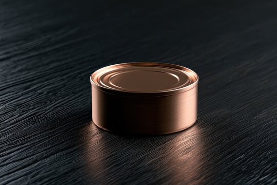 Photographic still life of a tuna can on dark wood with generous copy space for messaging