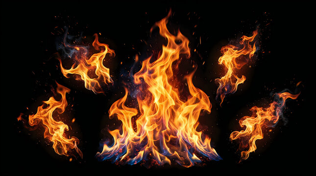 Flames design Realistic fire flames isolated on black background. 4 elemental burning fire elements set with glowing embers. Orange and yellow blaze for graphic design. PNG