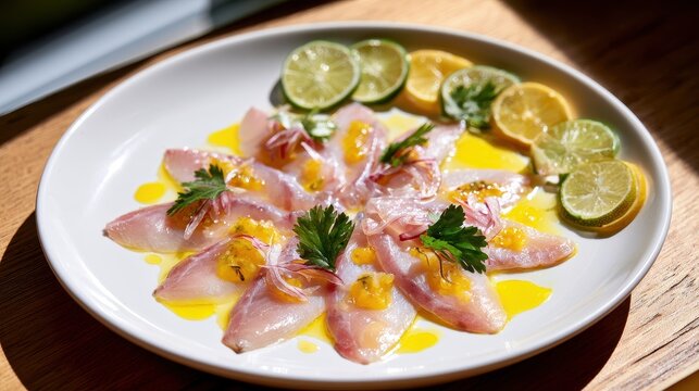 Plate of tiradito de jurel featuring delicate fish ribbons, citrus accents, and crisp garnish