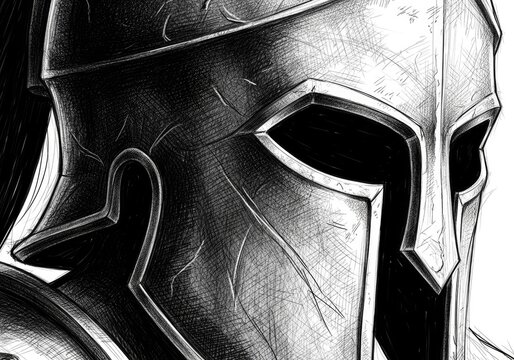Macro detail of ancient spartan metal helmet.