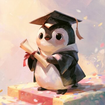 Playful penguin in a cap and gown posing with a diploma amid pastel confetti