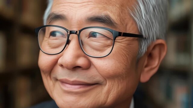 Smiling senior man portrait with glasses and gray hair, calm warm smile soft light senior asian man