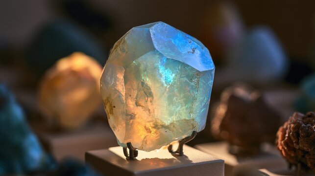 Polished opalite mineral specimen on display within a curated mineral collection