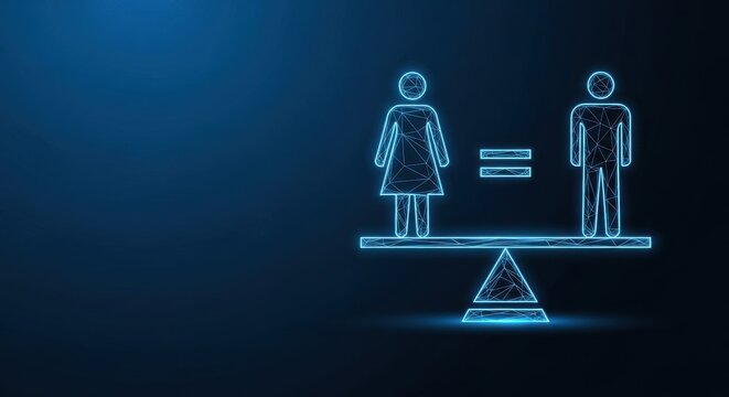 Woman figure and equal sign on a digital balance scale symbolizing gender equality and fairness