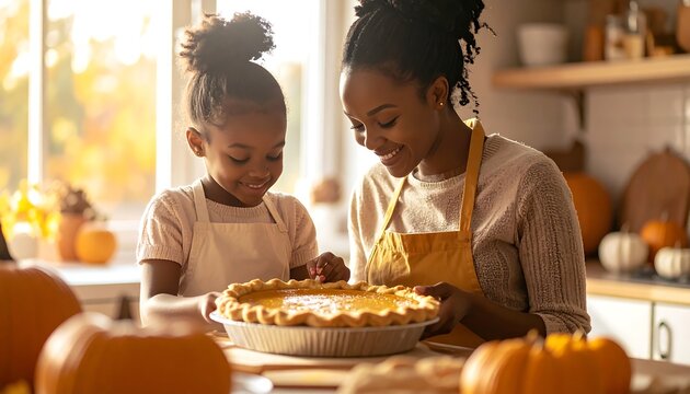 Mother and daughter baking a pumpkin pie together in a cozy kitchen.