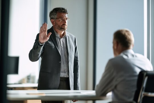 Polite refusal in a professional discussion with confident body language