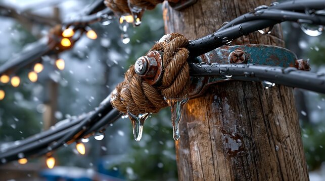 Rustic wooden poles wrapped with rope and black cables glisten with melting ice, set against a snowy background.