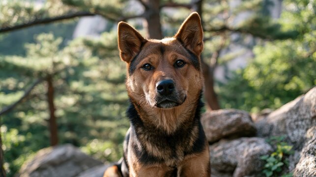 Portrait of a Korean Jindo dog in a forested park with warm light