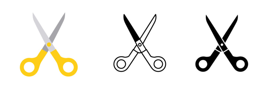 scissors icon set in color outline and silhouette styles for crafting