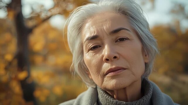 Senior woman portrait closeup in autumn park with calm expression and gray hair