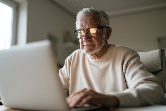 Portrait of a senior man typing on a portable computer in a cozy study
