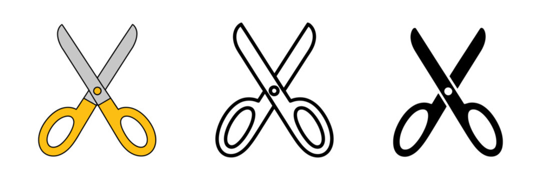 scissors icon set in color outline and silhouette styles for crafting